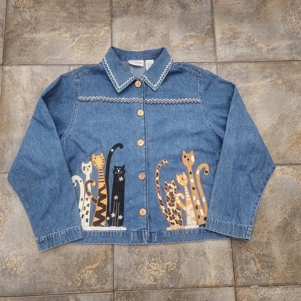 Vintage Y2K Breckenridge Women's Petite Large Cat Embroidered Denim Jacket
